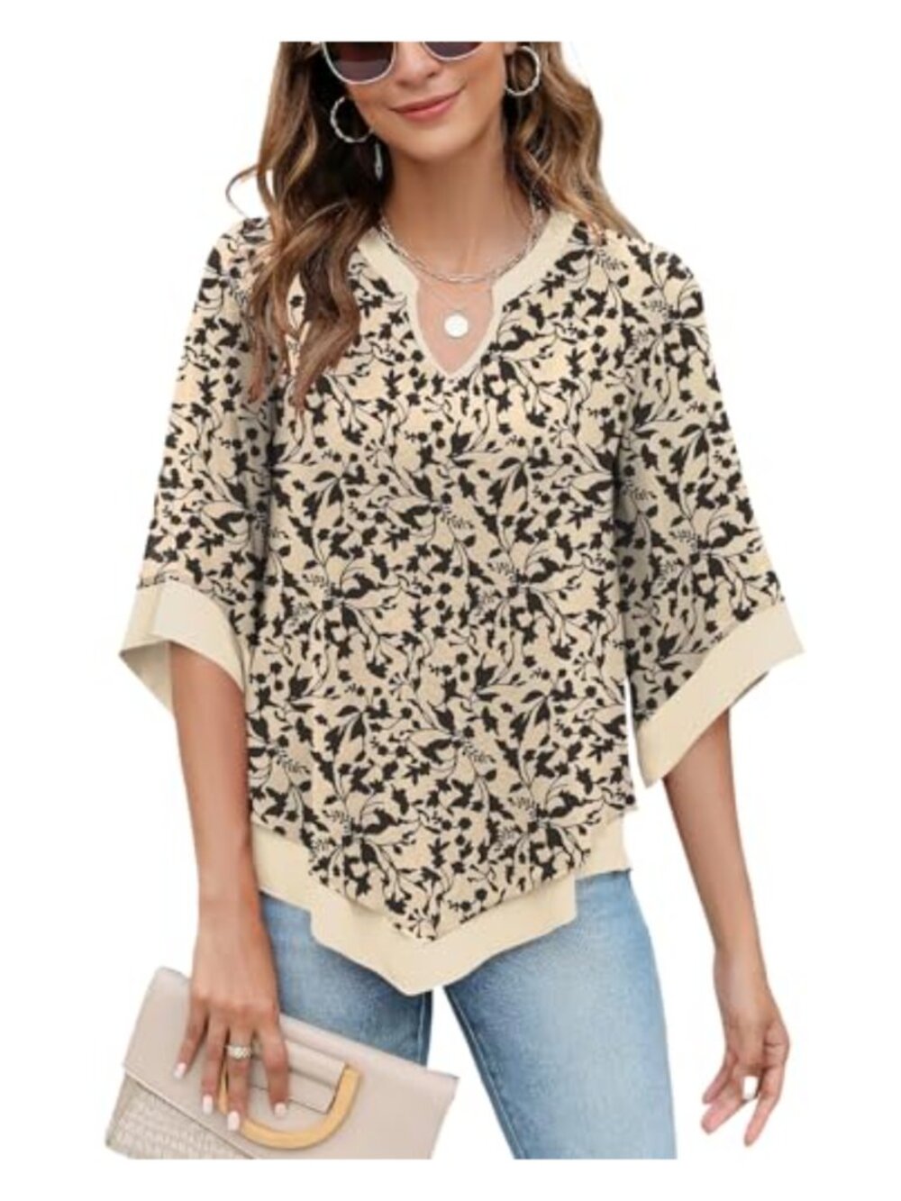 3/4 Sleeve Chiffon Blouse V Neck Double Layer Flowly Tunic
